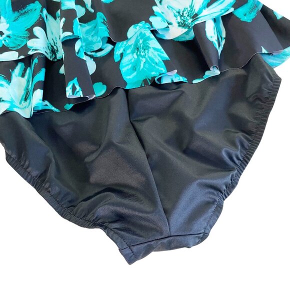 Trim Shaper Layered One Piece Swimsuit Size 10 Black Turquoise Floral Print NWOT - Picture 4 of 7